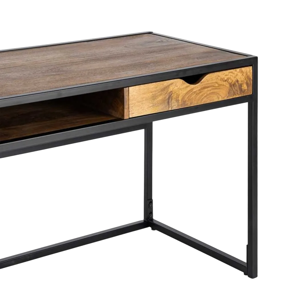 Escritorio en madera de mango color miel con patas de hierro y cajón 110x60x76cm - Ixia - 616553IX - foto-transparente