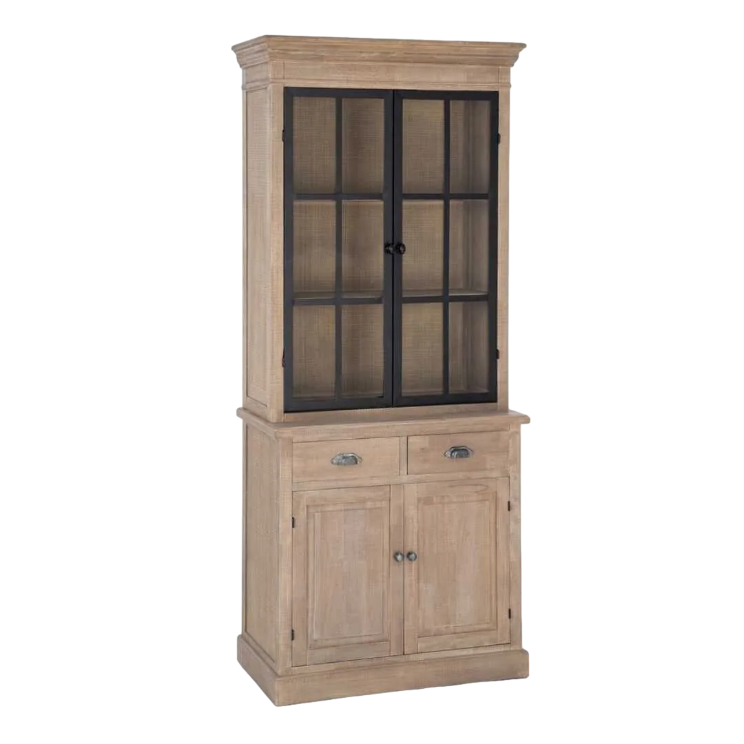 Vitrina estilo cottage natural y negra de madera de pino con puertas de cristal y detalles en metal 87x40x198cm - Ixia - 616581IX - foto-transparente