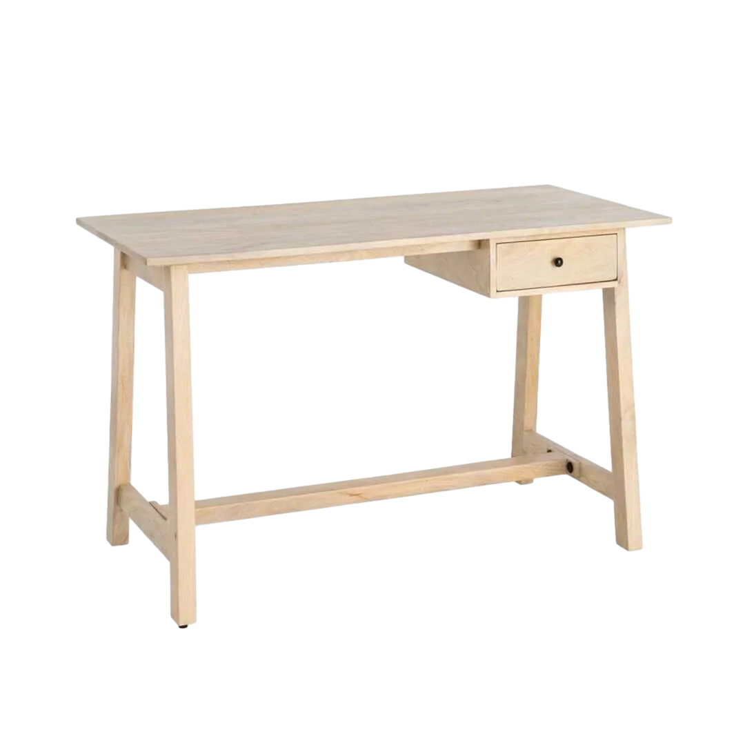 Escritorio en madera de mango color teka con cajón y pomo metálico negro 120x60x77cm - Ixia - 616587IX - foto-transparente