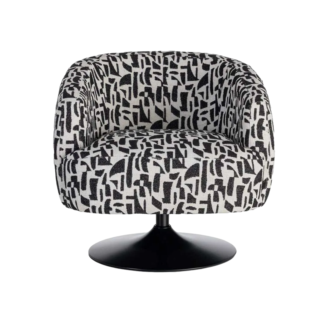Sillón giratorio en tejido 100% poliéster negro y blanco con base de hierro y relleno de foam 73x80x73cm - Ixia - 616830IX - foto-transparente
