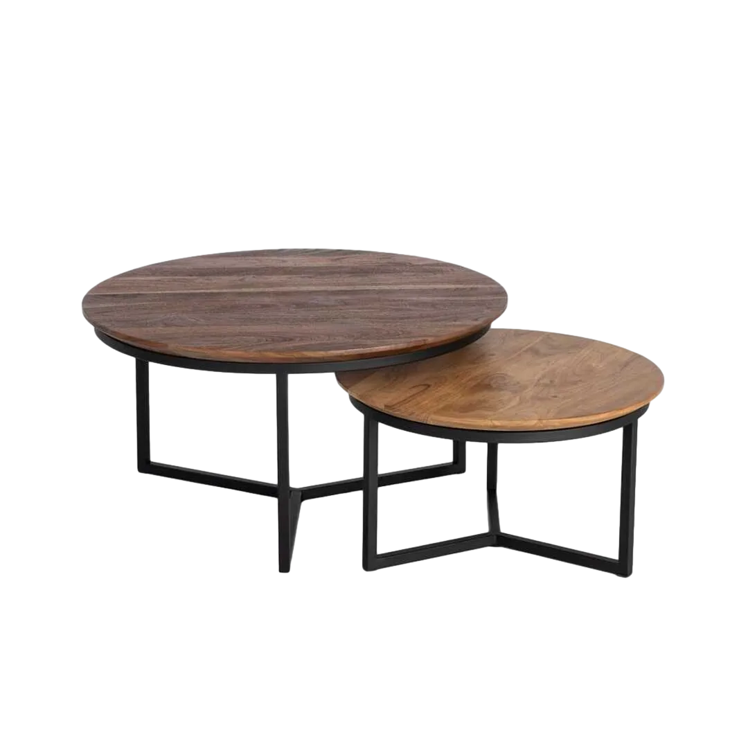 Set de 2 mesas de centro en madera de acacia con patas de hierro 80x80x40cm - Ixia - 616943IX - foto-transparente