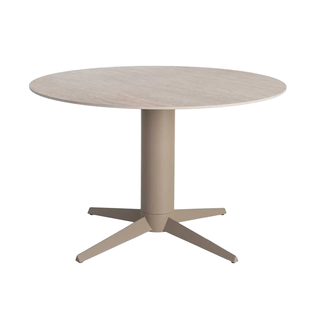 Mesa de comedor con tablero de cerámica imitación travertino beige y pata de metal 120x120x75cm - Ixia - 617032IX - foto-transparente