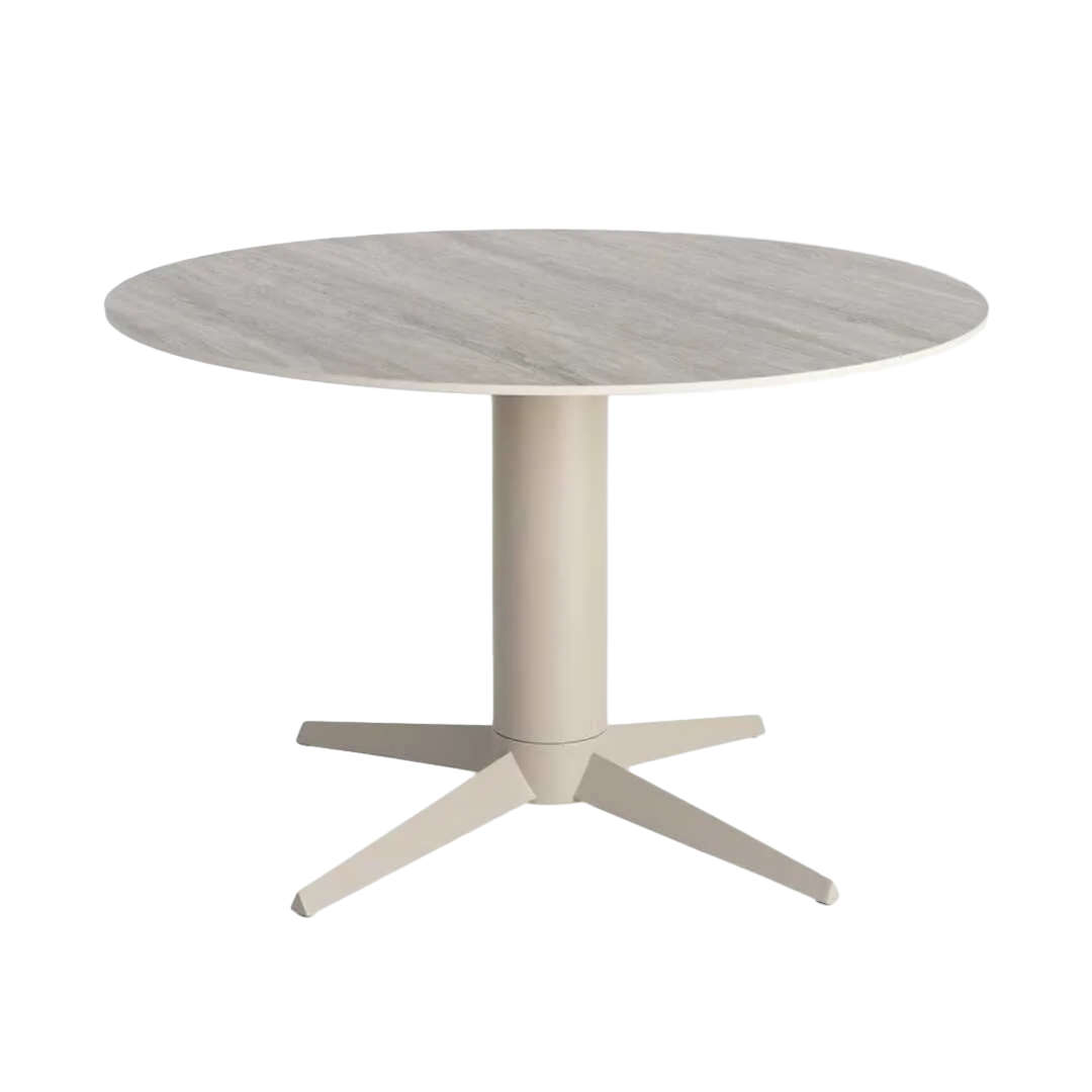 Mesa de comedor con tablero de cerámica imitación travertino gris y pata de metal 120x120x75cm - Ixia - 617033IX - foto-transparente