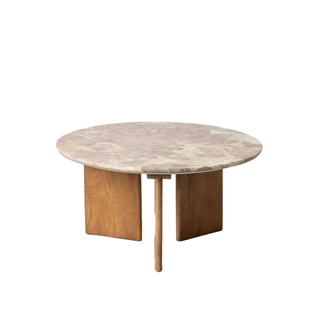 Mesa de centro beige en piedra natural y madera de mango 80x80x40cm - Ixia - 617183IX - foto-transparente
