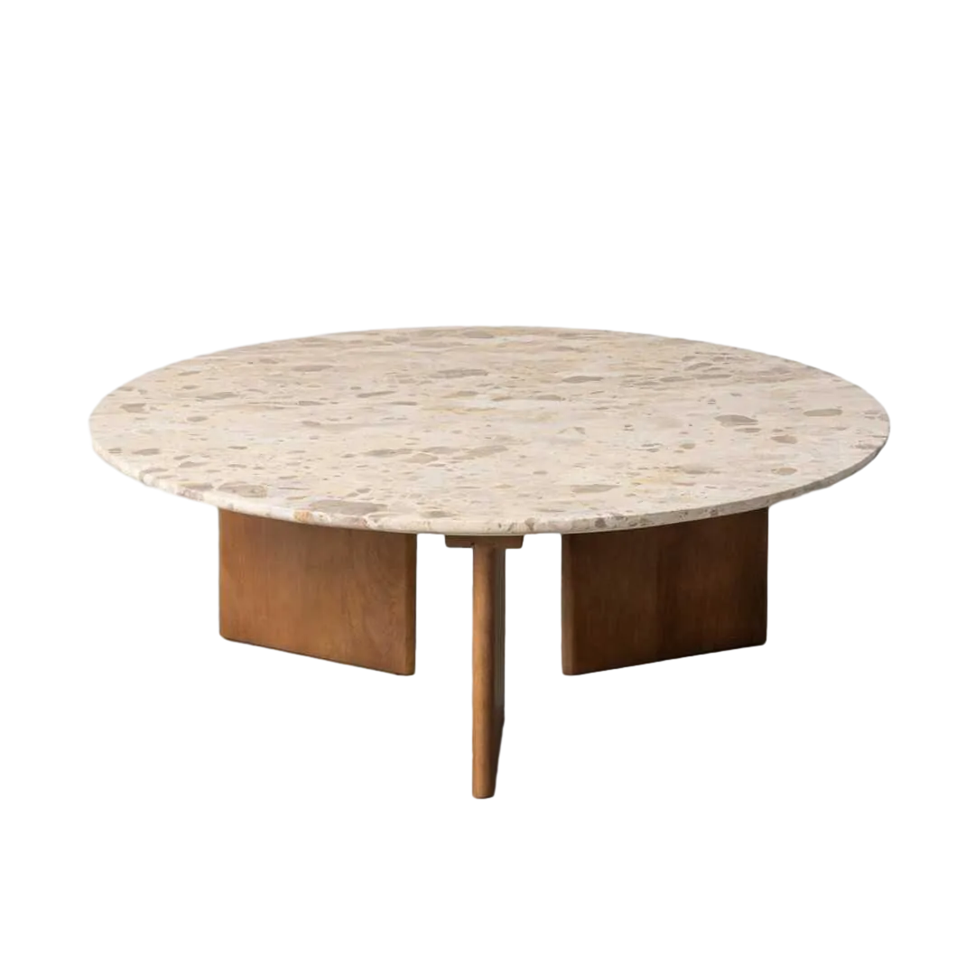 Mesa centro beige en piedra natural y madera de mango 100x100x35cm - Ixia - 617184IX - foto-transparente
