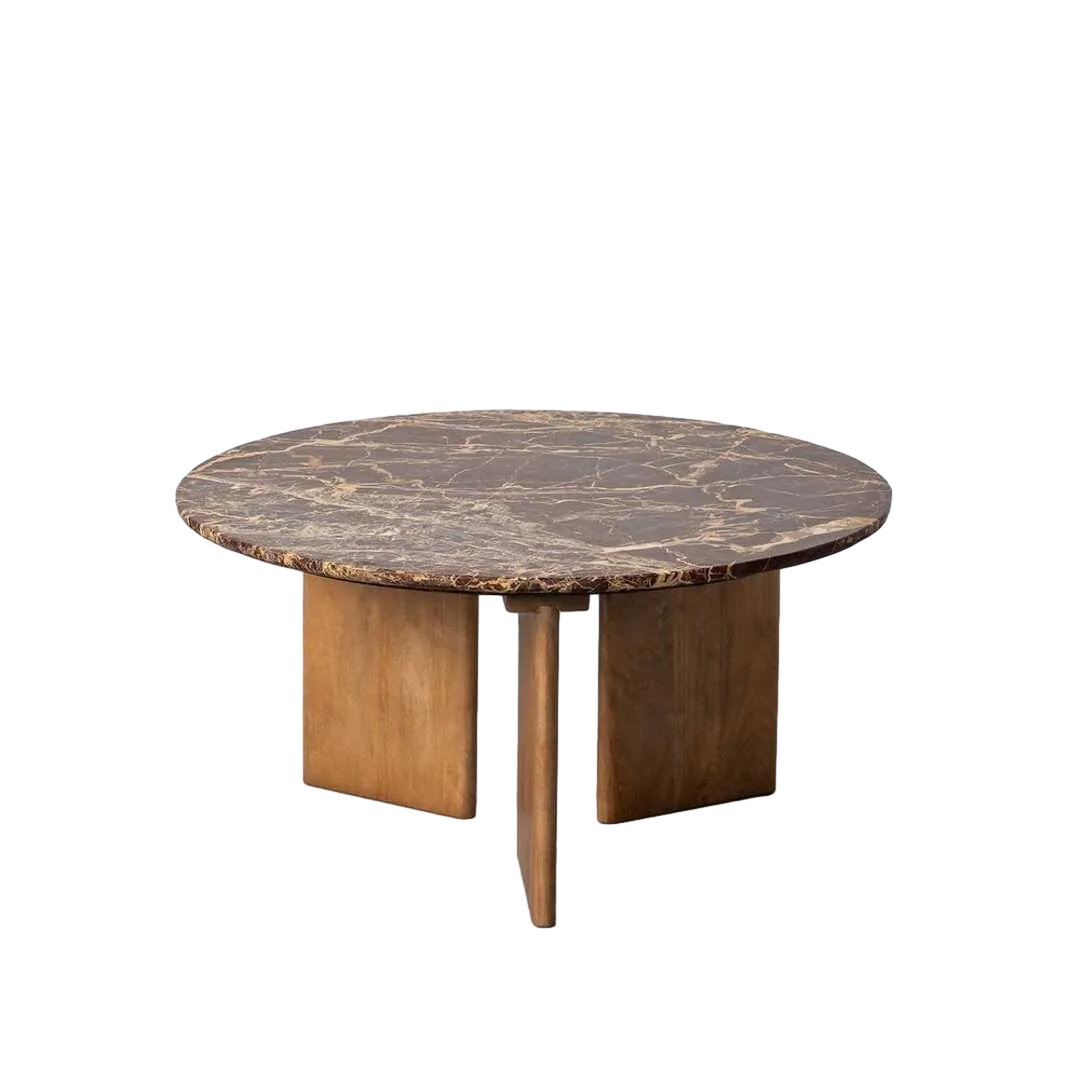 Mesa de centro burdeos en piedra natural y madera de mango 80x80x40cm - Ixia - 617185IX - foto-transparente