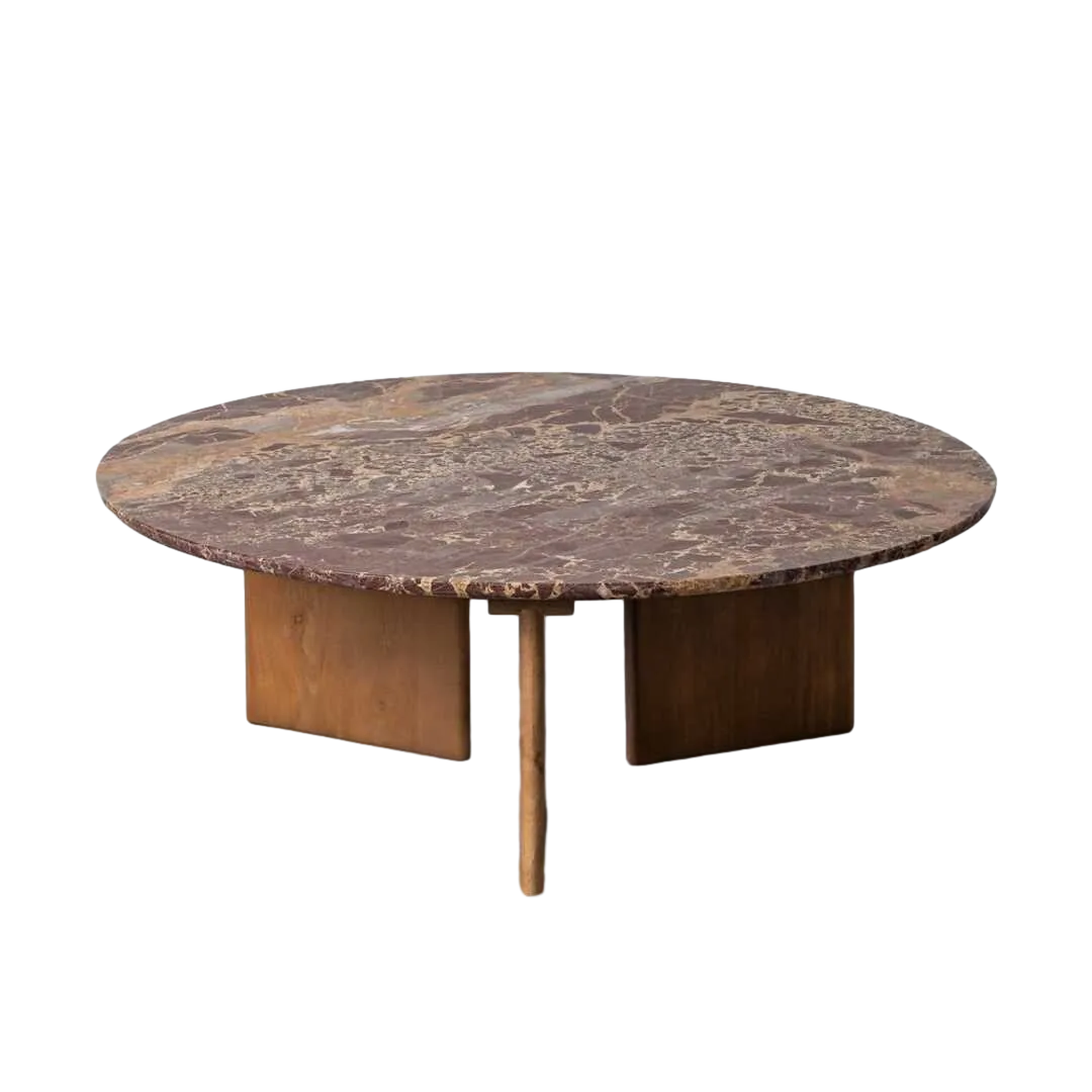Mesa de centro burdeos en piedra natural y madera de mango 100x100x35cm - Ixia - 617186IX - foto-transparente