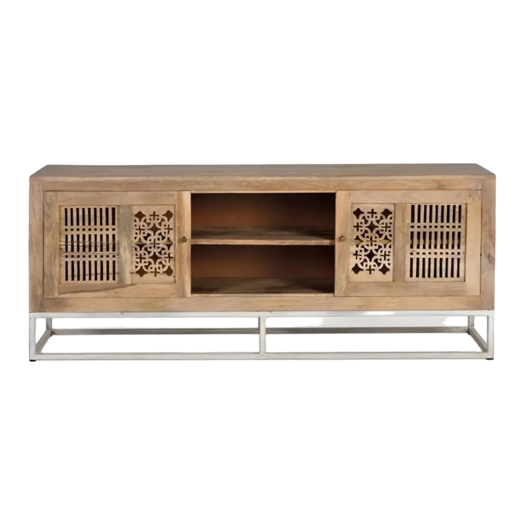 Mueble de TV Style en madera de mango acabado natural con puertas correderas talladas a mano base metálica y amplio almacenamiento 160x40x65cm - Giner y Colomer - 6172GYC - foto-transparente