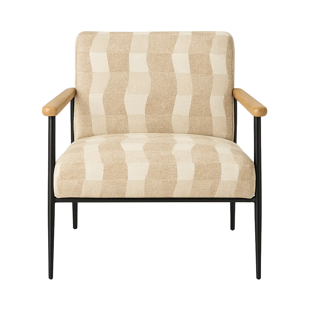 Sillón estampado beige en tejido con estructura metálica y reposabrazos de madera de caucho 64.50x76x81cm - Ixia - 617469IX - foto-transparente