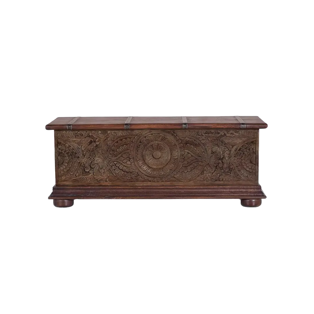 Baúl Lunex en madera de mango tallado a mano con amplio interior 116x40x45cm - Giner y Colomer - 6182GYC - foto-transparente