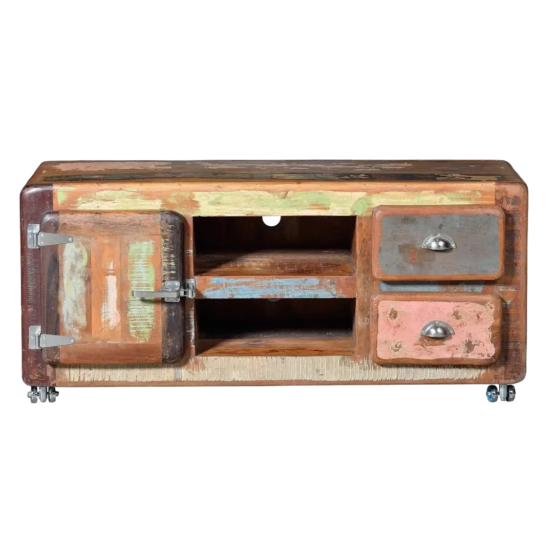 Mueble de TV Fridge en madera reciclada con puerta y 2 cajones estilo rústico sostenible 135x40x56cm - Giner y Colomer - 6213GYC - foto-transparente
