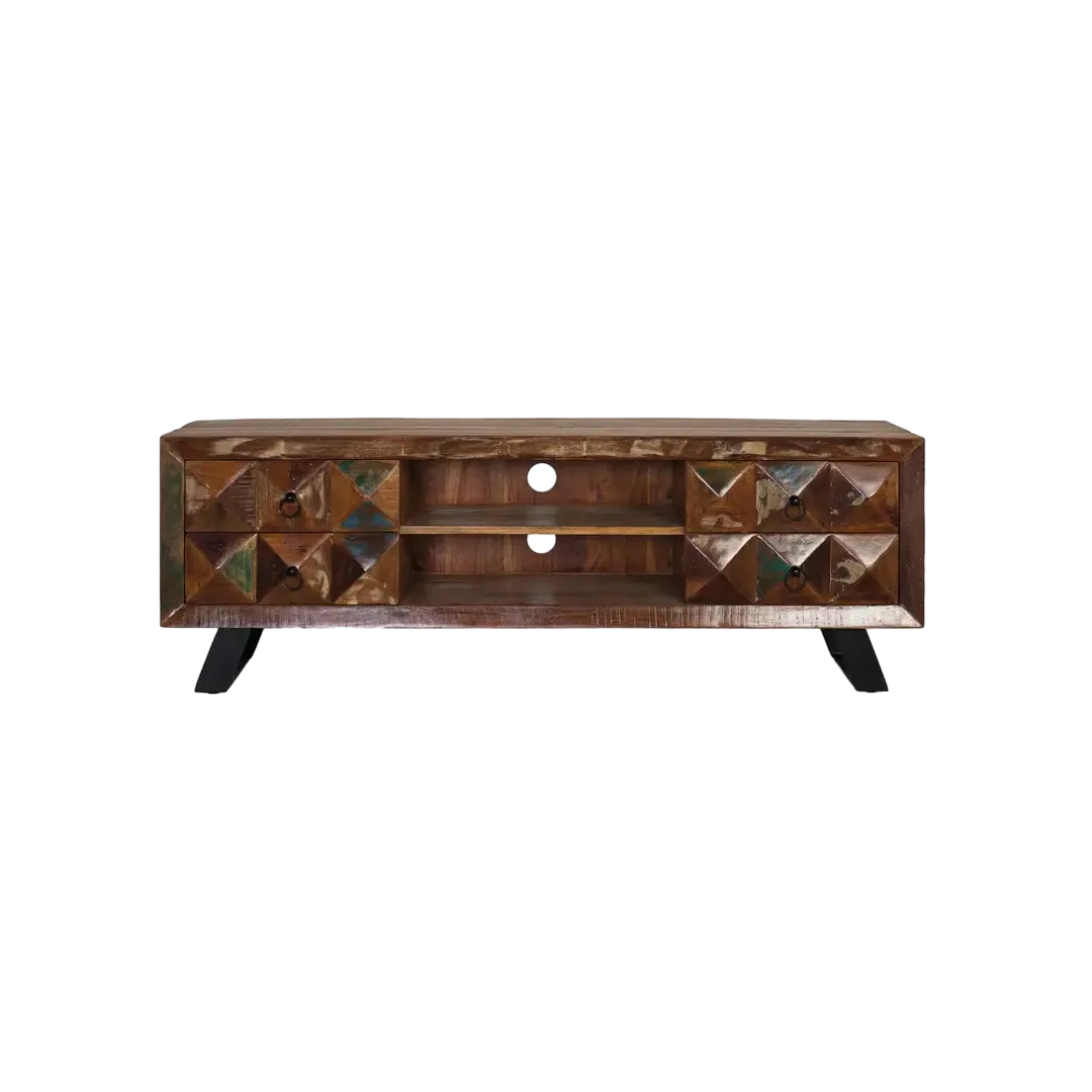 Mueble TV Diamante Reciclado en madera reciclada con 4 cajones espacio central abierto patas de hierro y orificios pasacables 150x40x55cm - Giner y Colomer - 6244GYC - foto-transparente