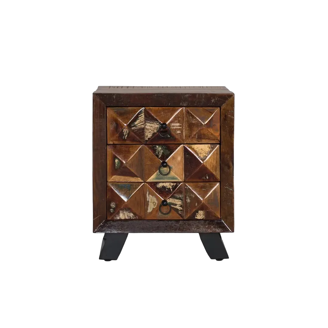 Mesita de noche Diamante Reciclado 3 cajones madera reciclada con pies de hierro y vetas únicas 50x40x60cm - Giner y Colomer - 6248GYC - foto-transparente
