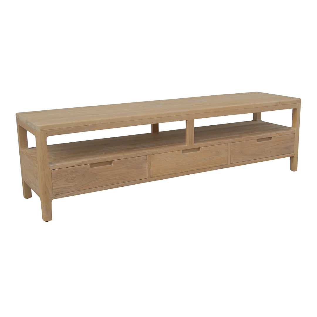 Mueble TV Terra 3 cajones en madera maciza de teca hecho a mano 160x45x40cm - Moycor - 6390310MYC - foto-transparente