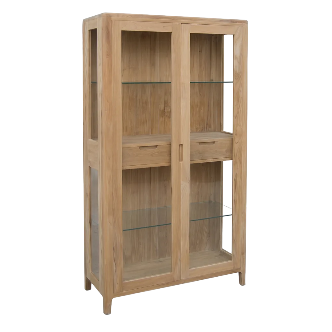 Vitrina Terra 2 cajones 2 puertas en madera de teca maciza hecha a mano 100x190x40cm - Moycor - 6390421MYC - foto-transparente