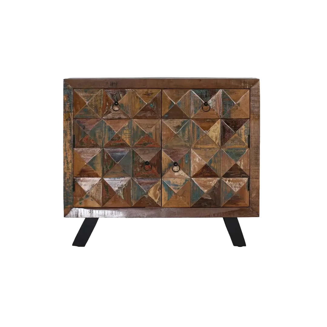 Consola Diamante Reciclado 2 cajones 2 puertas madera reciclada patas de hierro acabado multicolor patas negras estilo industrial 100x32x87cm - Giner y Colomer - 6425GYC - foto-transparente