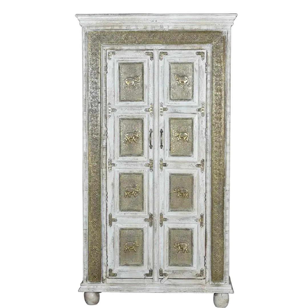 Armario Miroa en madera de mango acabado natural artesanal con detalles en bronce y estantes amplios 95x45x183cm - Giner y Colomer - 6483GYC - foto-transparente