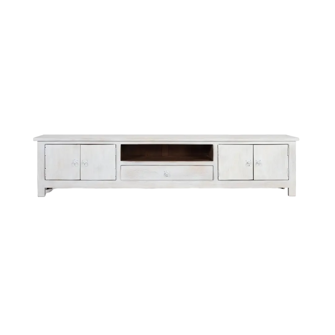 Mueble de TV Lahore en madera de mango con tiradores en bronce cuatro puertas y un cajón 230x42x50cm - Giner y Colomer - 6560GYC - foto-transparente