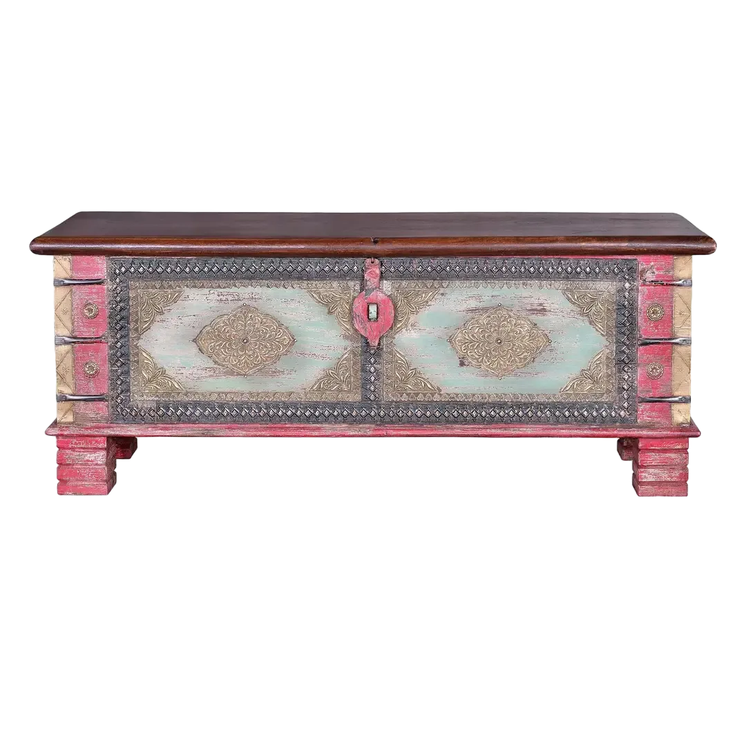 Baúl Mivu en madera de mango con detalles en bronce y diseño artesanal 116x40x45cm - Giner y Colomer - 6564GYC - foto-transparente