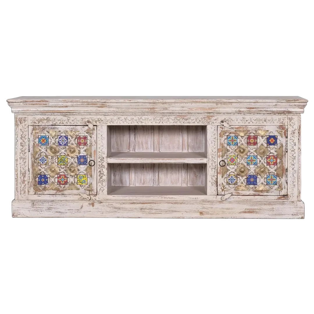 Mueble de TV Bakhra en madera de mango con 2 puertas y detalles en azulejo y bronce 150x40x60cm - Giner y Colomer - 6571GYC - foto-transparente