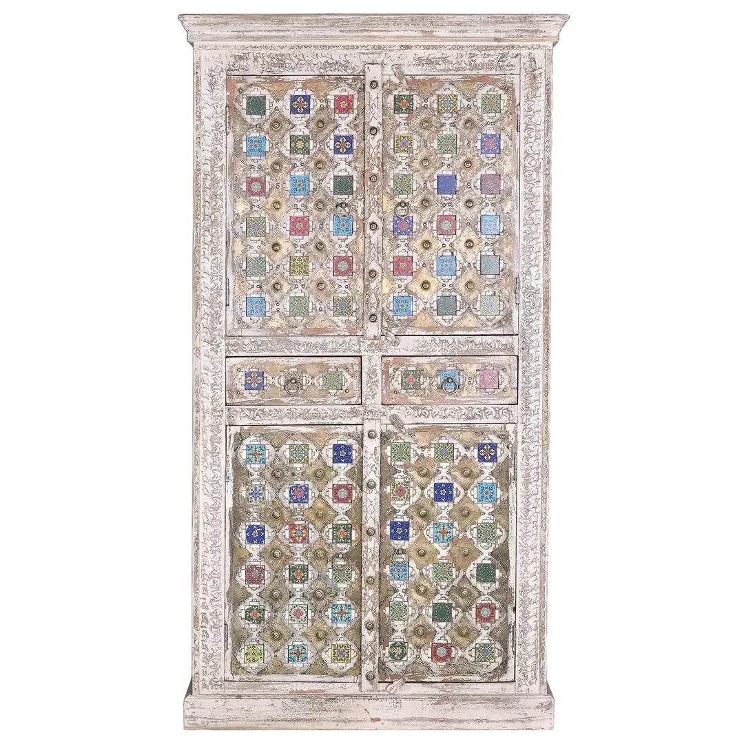 Armario Bakhra de madera de mango con detalles en azulejo y bronce 100x40x185cm - Giner y Colomer - 6572GYC - foto-transparente