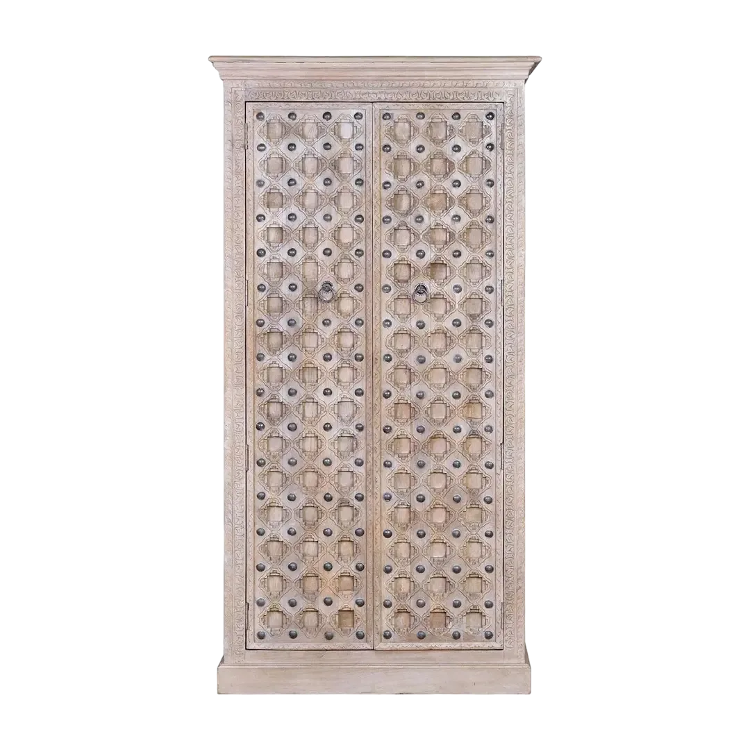 Armario Bakhra natural en madera de mango con detalles artesanales en hierro y 3 estantes 97x50x190cm - Giner y Colomer - 6628GYC - foto-transparente