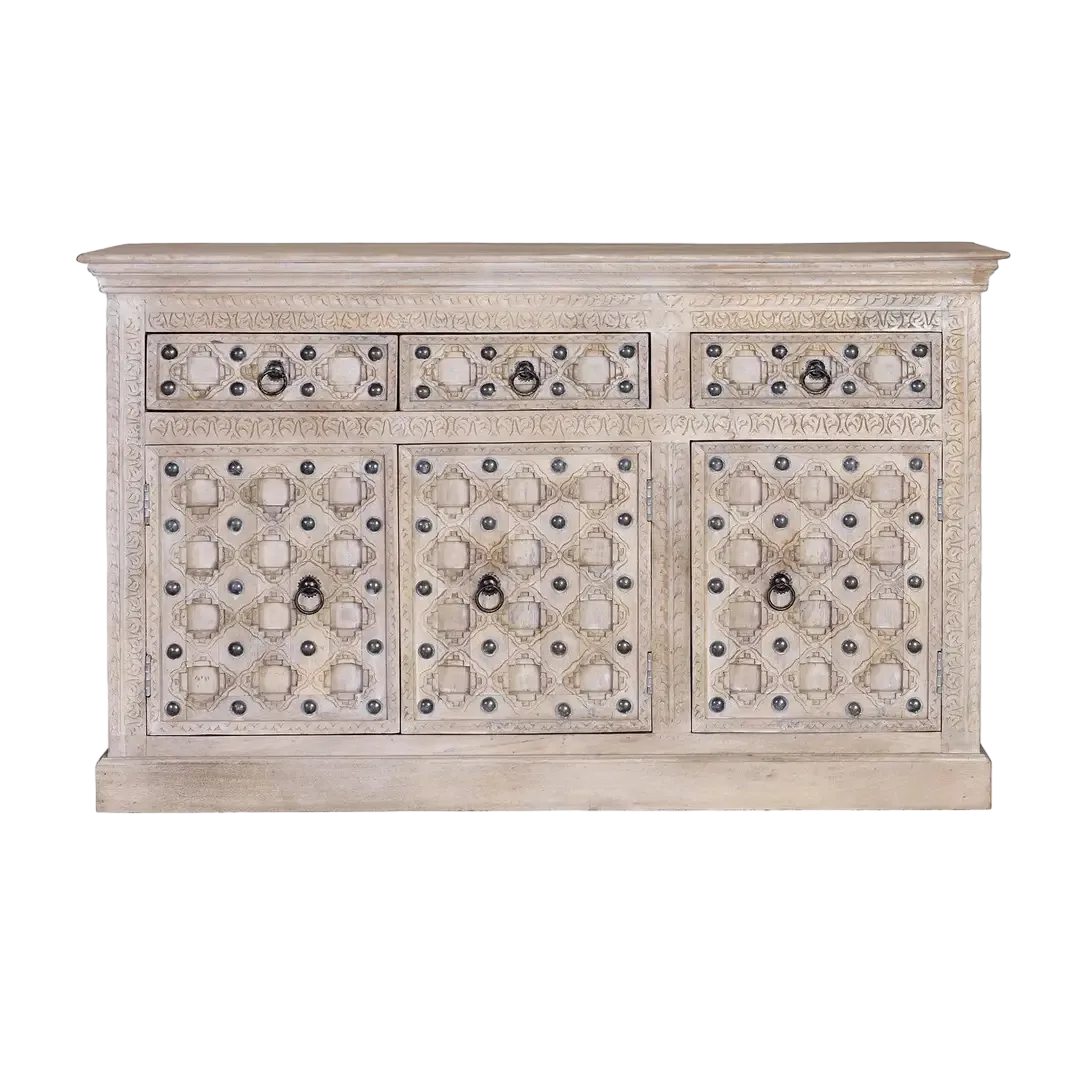 Aparador Bakhra natural en madera de mango maciza con 3 puertas y 3 cajones 150x40x92cm - Giner y Colomer - 6630GYC - foto-transparente