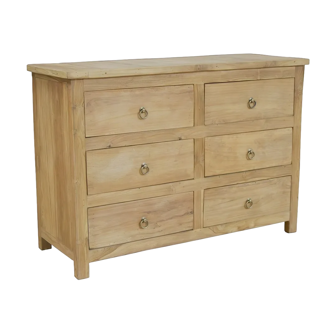Cómoda de madera maciza de teca reciclada con 6 amplios cajones acabado natural 114x45x80cm - Moycor - 6681601MYC - foto-transparente