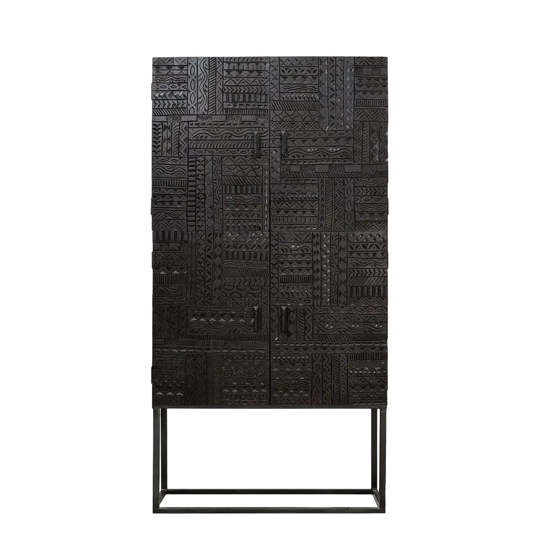 Armario Jeroglifico 4 puertas talladas a mano madera de mango maciza base de hierro negro 90x40x177cm - Giner y Colomer - 6709GYC - foto-transparente