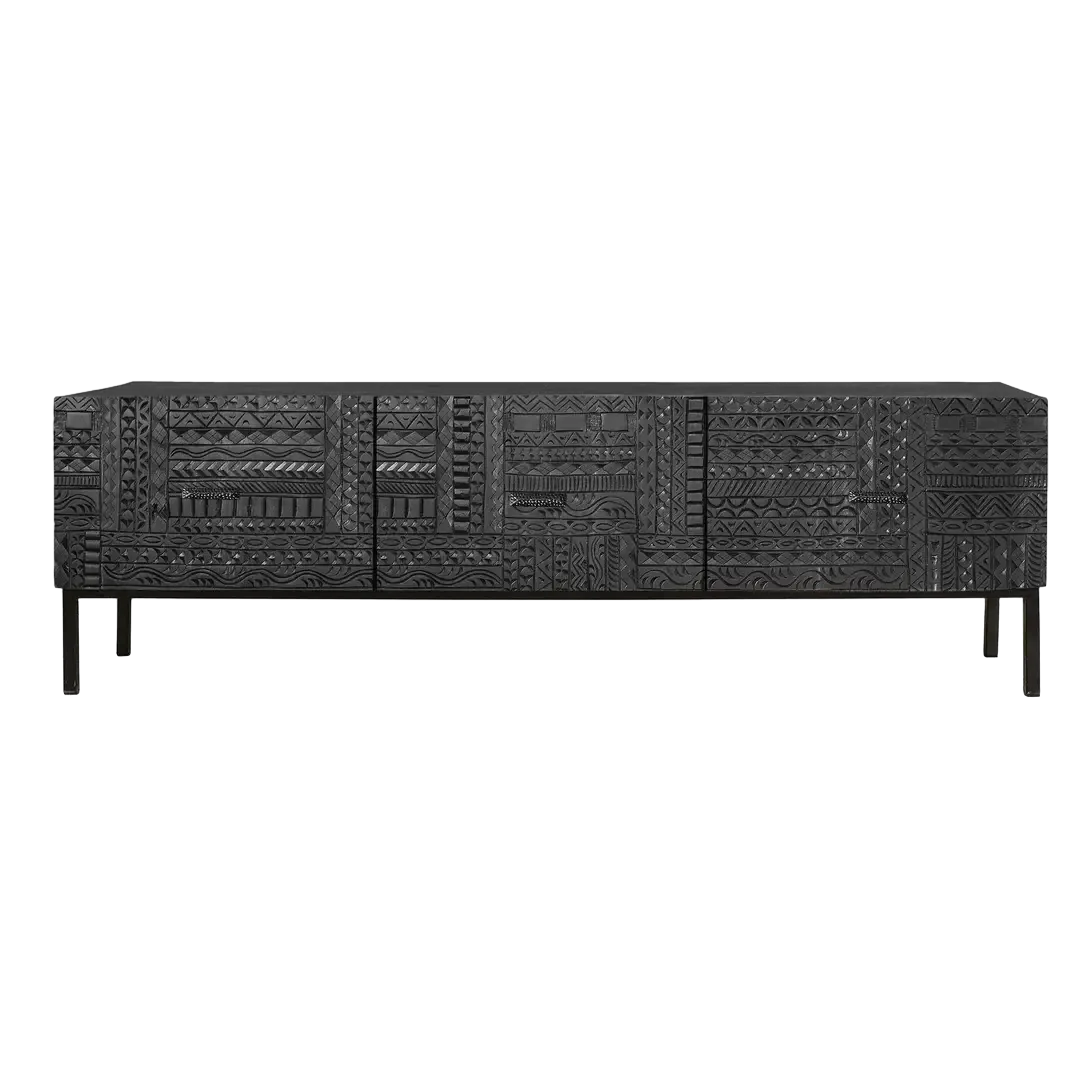 Mueble de TV Jeroglifico en madera de mango con base de hierro 3 cajones tallados a mano estilo rústico contemporáneo 180x40x56cm - Giner y Colomer - 6718GYC - foto-transparente