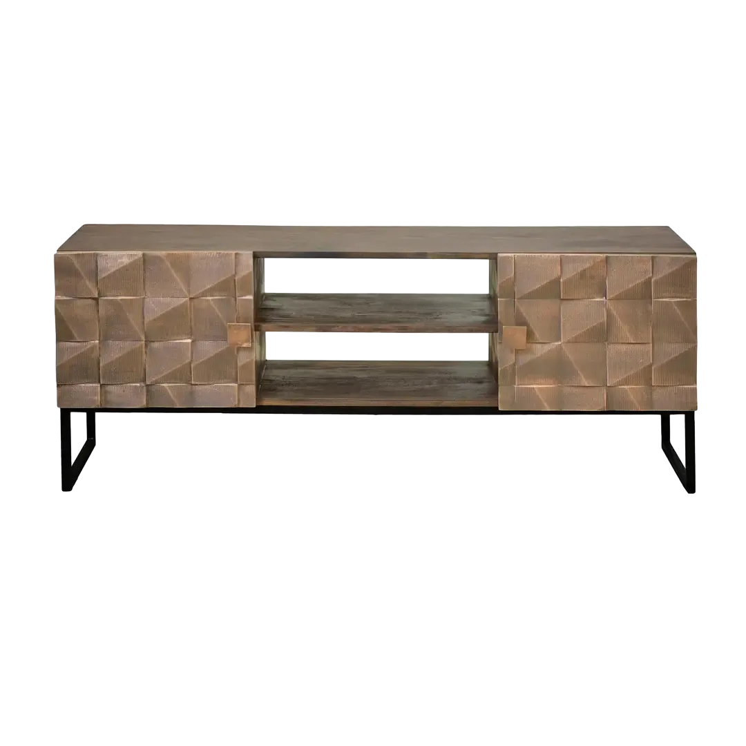 Mueble TV en madera de mango con base de hierro y puertas con detalles en cobre 140x40x55cm - Giner y Colomer - 6731GYC - foto-transparente
