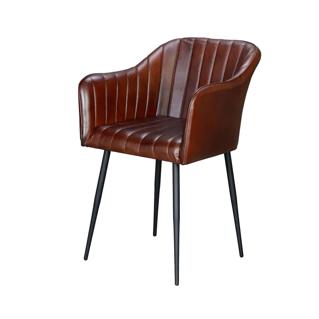 Sillón en piel marrón con estructura de hierro y patas negras asiento y respaldo cómodos 54x60x82cm - Giner y Colomer - 6748GYC - foto-transparente