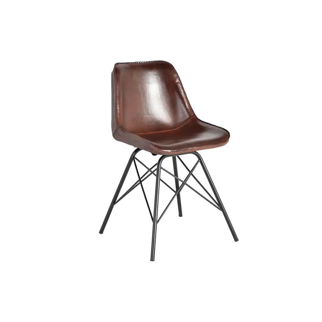 Silla Brindisi tapizada en piel marrón con respaldo ergonómico y patas de hierro negro estilo industrial 45x54x83cm - Giner y Colomer - 6751GYC - foto-transparente
