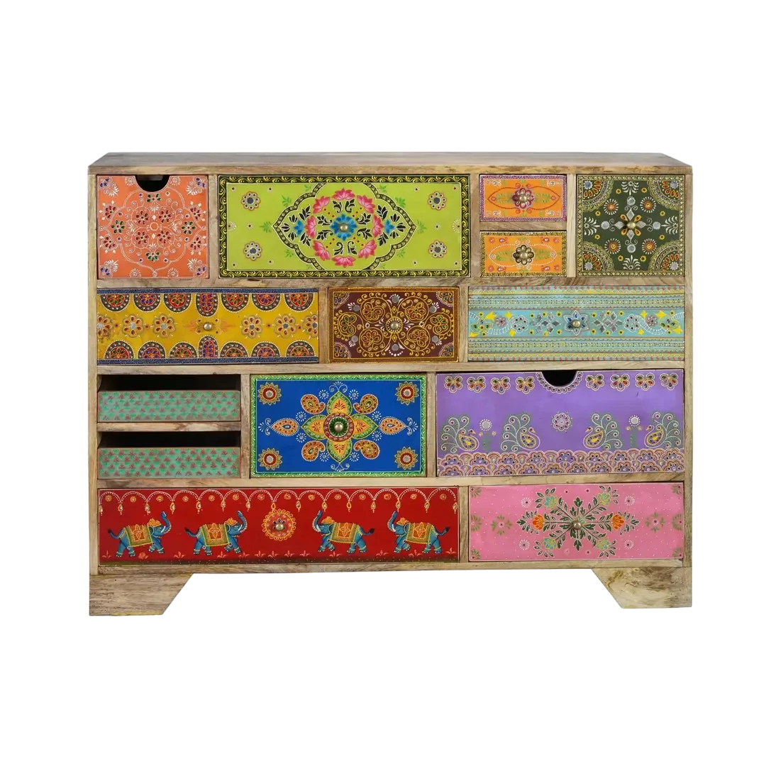 Cómoda Tours 14 cajones en madera de mango multicolor con detalles pintados a mano estilo artesanal 120x40x90cm - Giner y Colomer - 6797GYC - foto-transparente