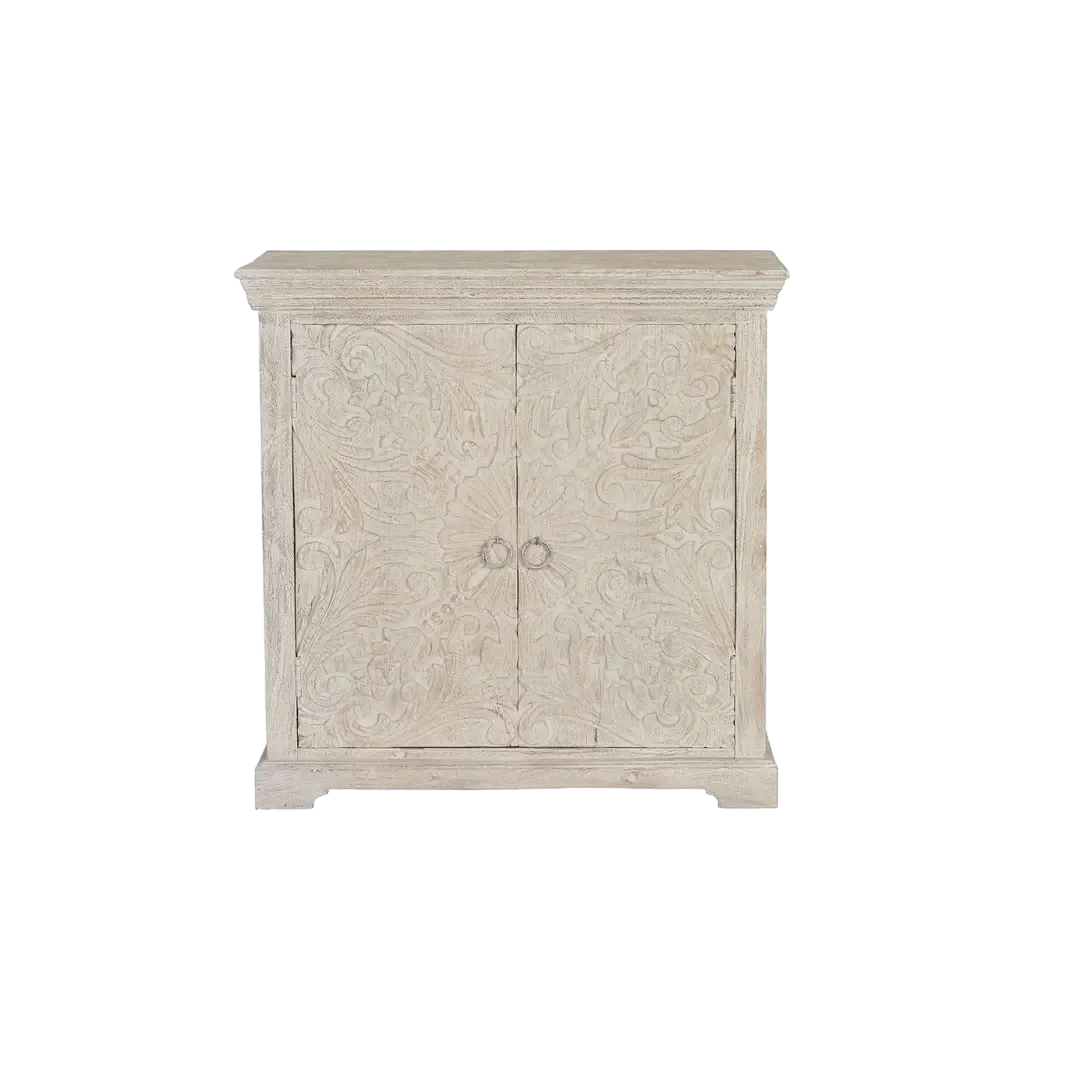 Cómoda Perpiñán en madera de mango con 2 puertas talladas a mano y estante interior acabado blanco envejecido 90x40x90cm - Giner y Colomer - 6815GYC - foto-transparente