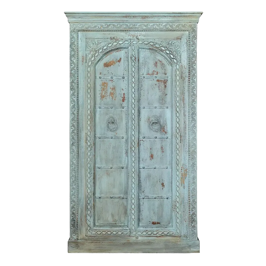Armario Lorne en madera de mango acabado verde azulado craquelado con 2 puertas talladas y 3 estantes interiores 117x45x204cm - Giner y Colomer - 6874GYC - foto-transparente