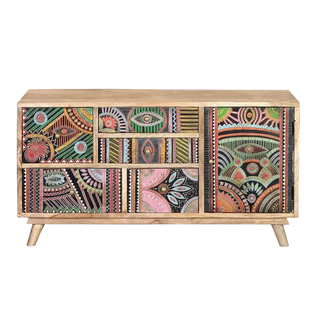 Cómoda Lindos madera de mango con 5 cajones y 1 puerta detalles pintados a mano acabado multicolor diseño atemporal 100x32x55cm - Giner y Colomer - 6880GYC - foto-transparente