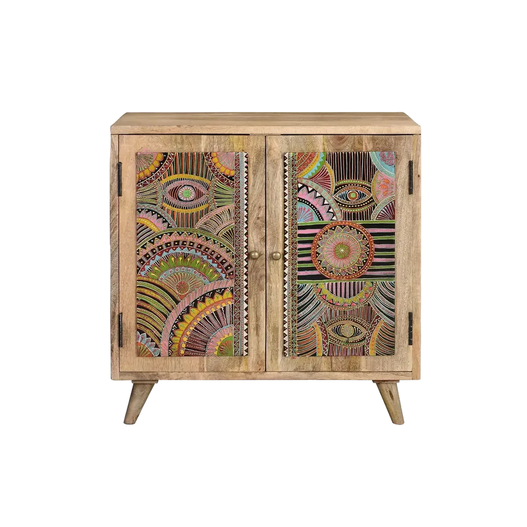 Mueble auxiliar Lindos 2 puertas madera de mango con detalles étnicos pintados a mano 60x30x60cm - Giner y Colomer - 6881GYC - foto-transparente