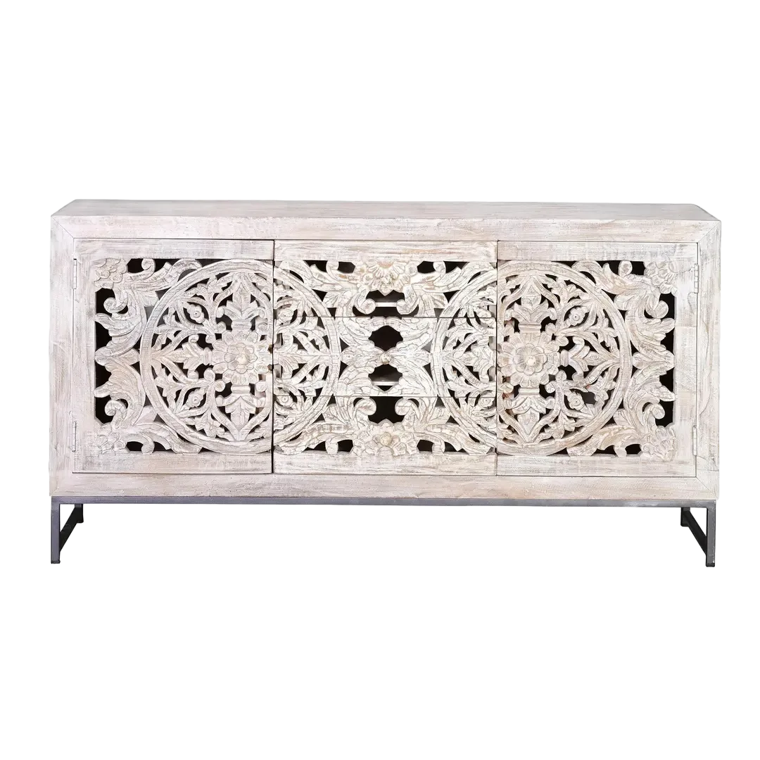 Aparador Mykonos 2 puertas 3 cajones madera de mango maciza base metálica gris puertas talladas a mano acabado blanco envejecido 150x38x80cm - Giner y Colomer - 6894GYC - foto-transparente