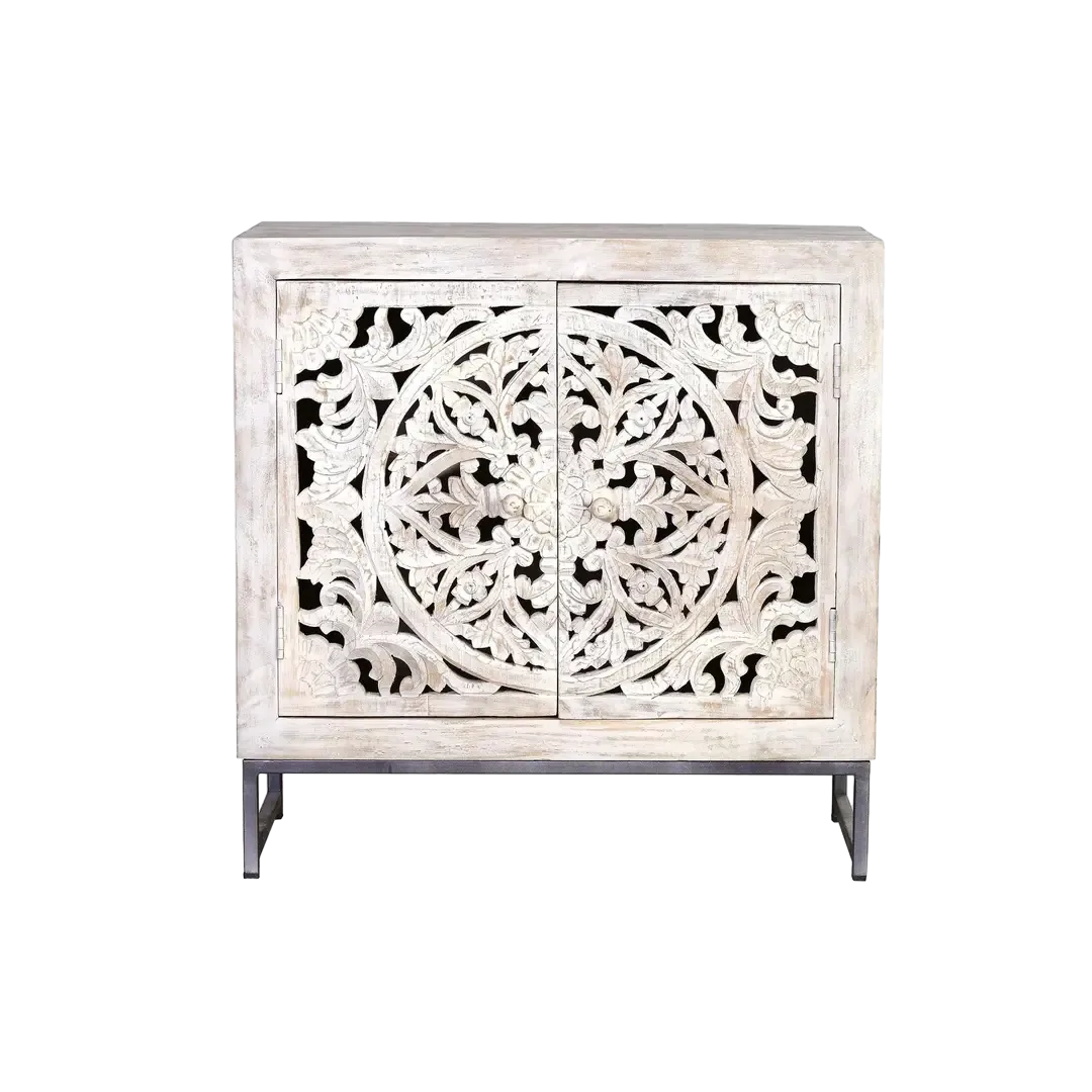 Cómoda Mykonos en madera de mango con base de hierro 2 puertas talladas acabado blanco envejecido y base gris 80x35x80cm - Giner y Colomer - 6895GYC - foto-transparente