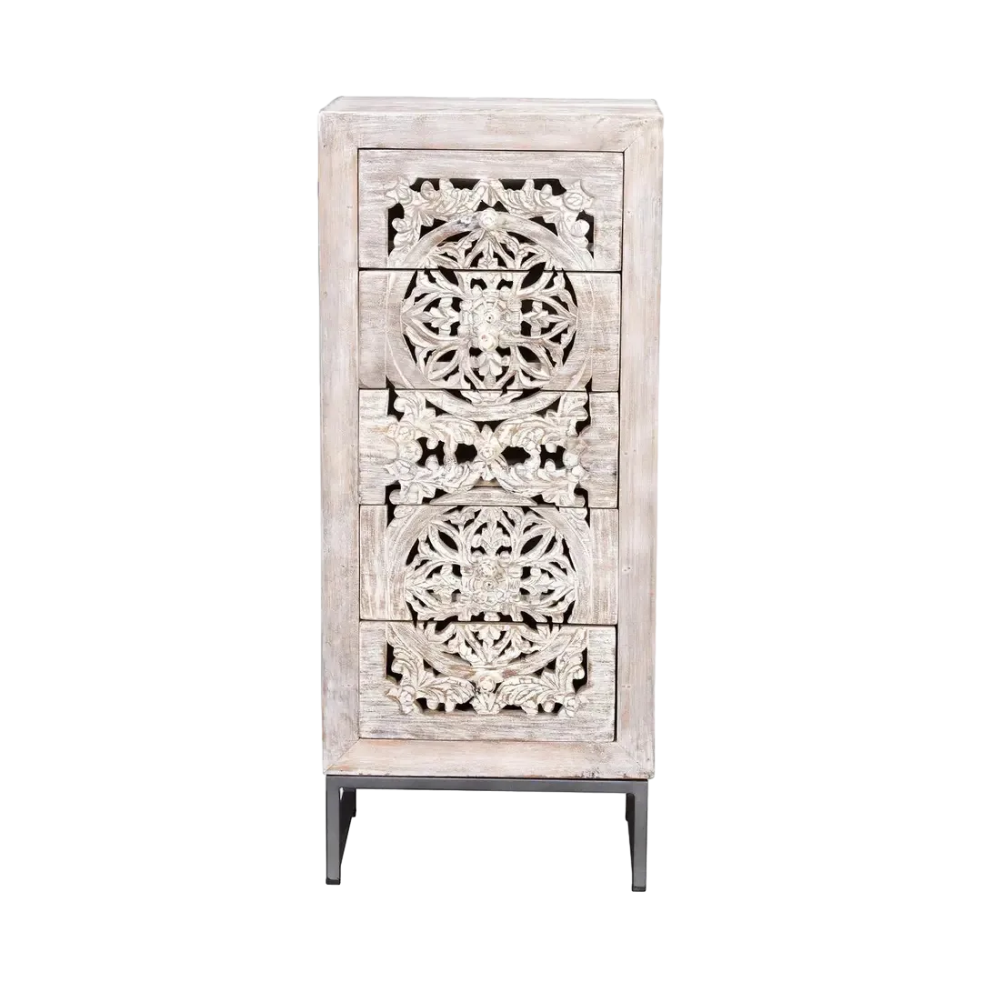 Sinfonier 5 cajones de madera de mango tallada a mano con base de hierro estilo industrial blanco envejecido 45x35x105cm - Giner y Colomer - 6898GYC - foto-transparente