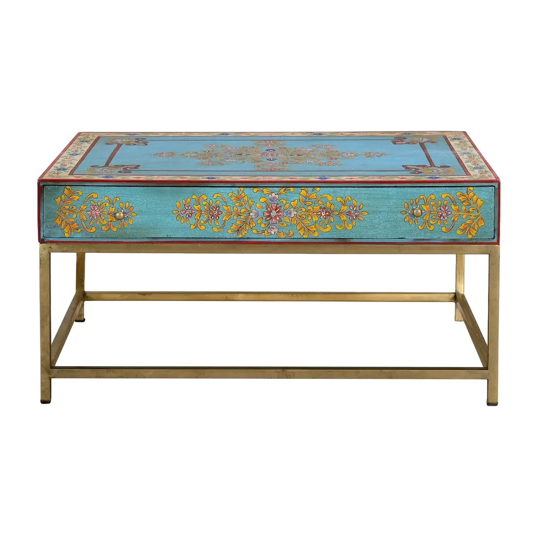 Mesa de centro Fiori rectangular en MDF y hierro pintado a mano con cajón y decoración multicolor 90x60x46cm - Giner y Colomer - 6951GYC - foto-transparente