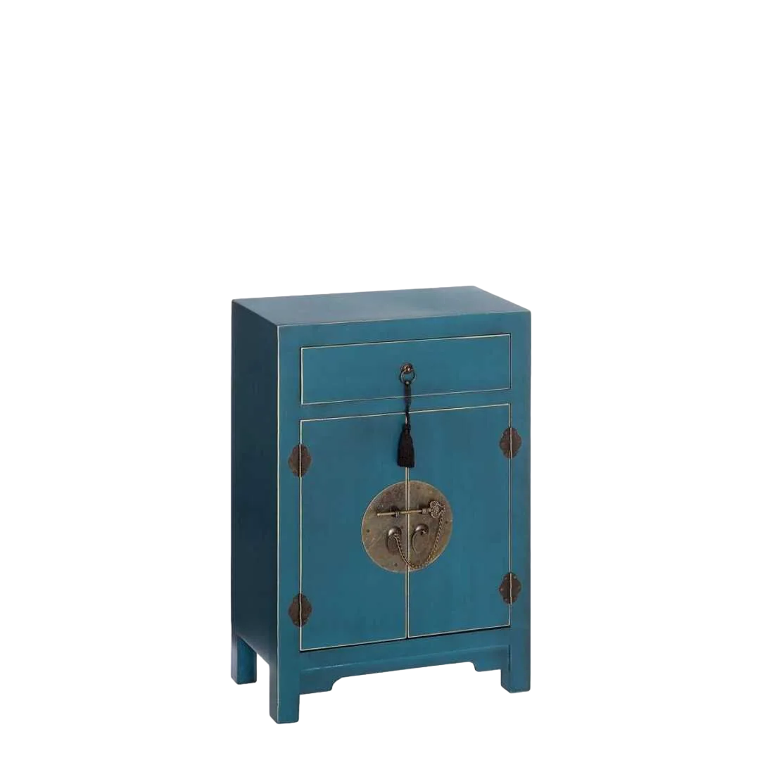 Mesita 2 puertas y 1 cajón azul en DM estilo oriental 45x26x69cm - Ixia - 90955IX - foto-transparente