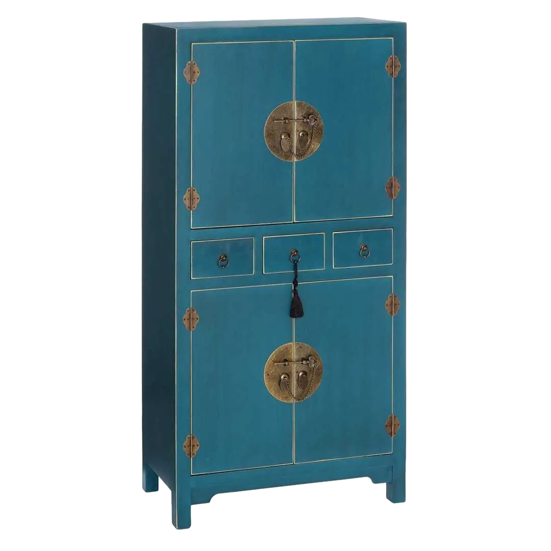 Mueble auxiliar azul en DM estilo oriental con 2 cajones y 2 baldas extraíbles 63x33x131cm - Ixia - 90957IX - foto-transparente