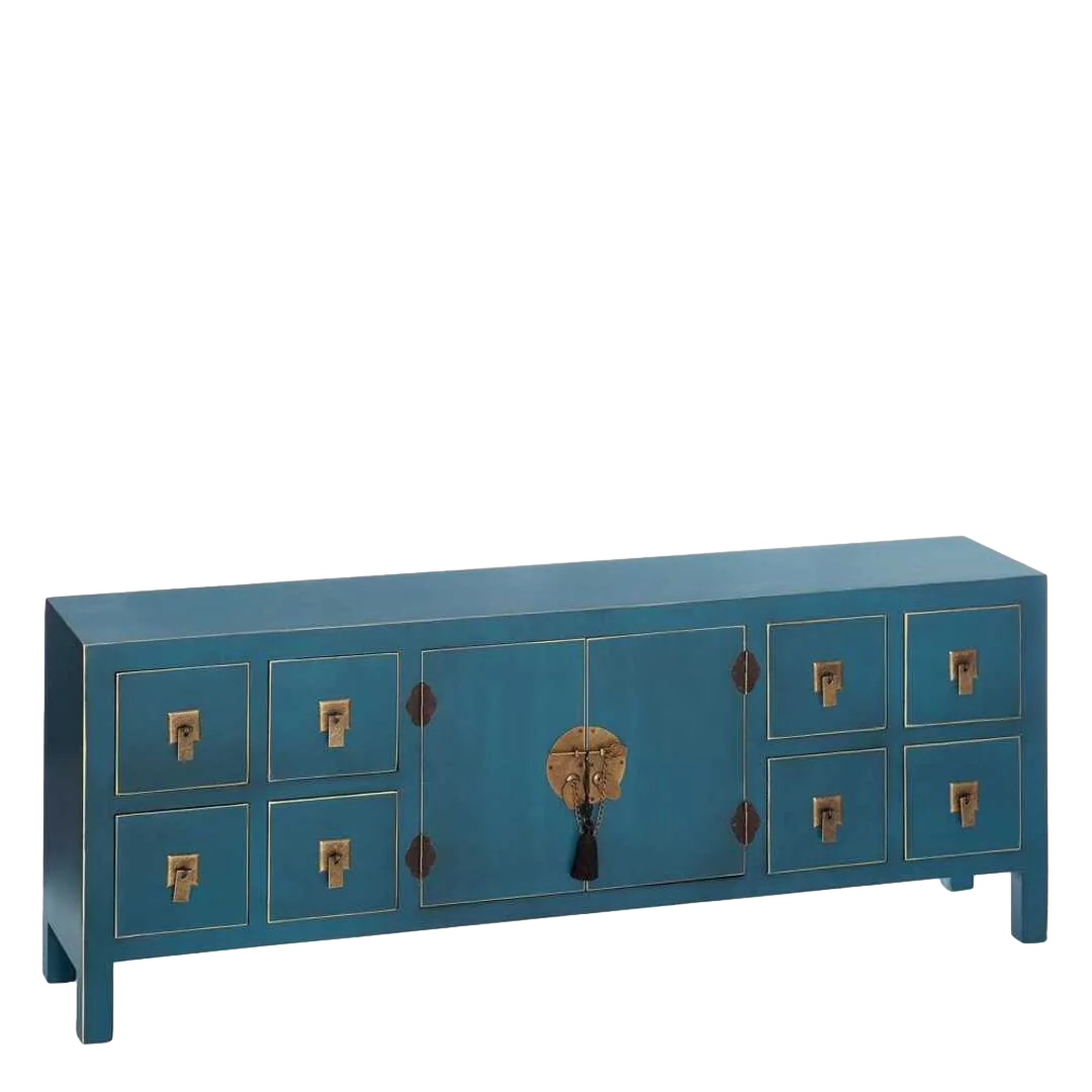 Mueble 8 cajones en DM color azul estilo oriental colección Oriente 130x24x50.50cm - Ixia - 90958IX - foto-transparente