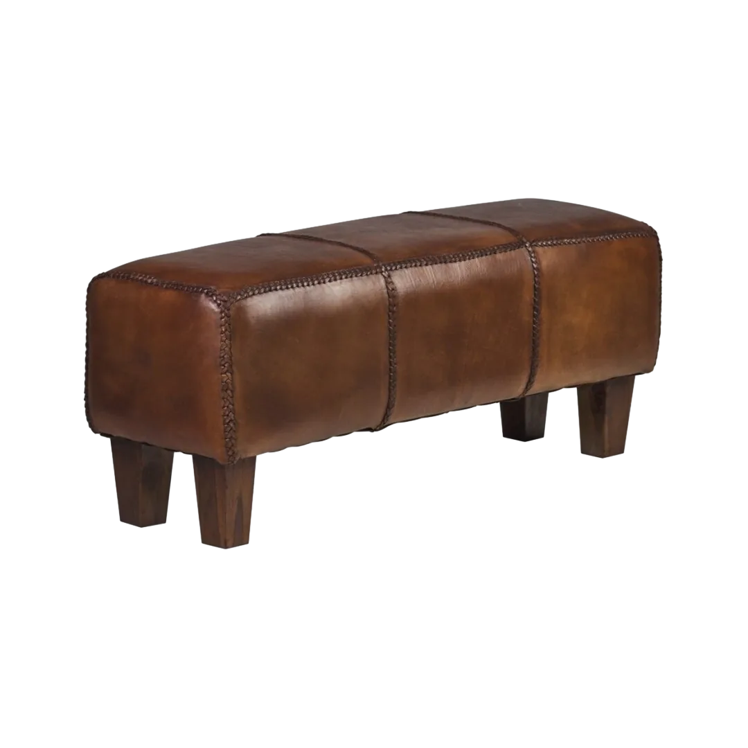 Piecero artesanal en madera maciza de teca y piel trenzada 110x35x45cm - Moycor - 99205MYC - foto-transparente