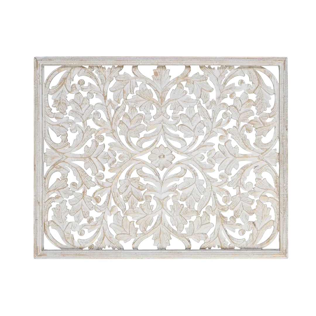 Cabecero Nura tallado estilo étnico en MDF acabado blanco envejecido con reflejos dorados 100x3.5x80cm - Giner y Colomer - 17320GYC - foto-transparente