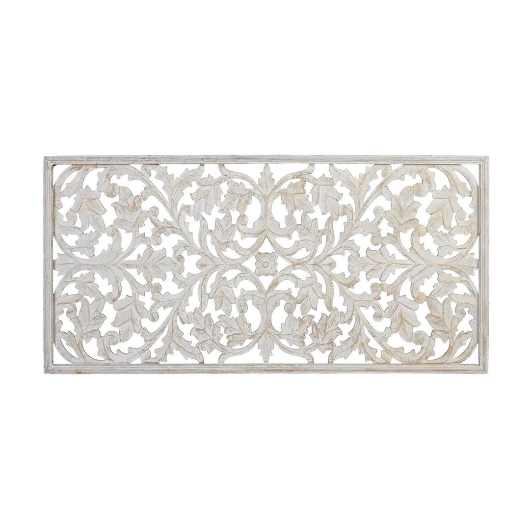 Cabecero Nura estilo étnico tallado en MDF acabado blanco envejecido con reflejos dorados 165x3.5x80cm - Giner y Colomer - 17321GYC - foto-transparente