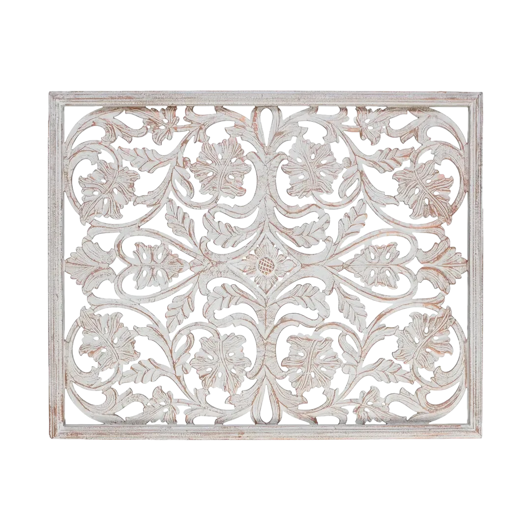 Cabecero Kiria tallado de estilo étnico en MDF blanco envejecido con reflejos dorados 100x3.5x80cm - Giner y Colomer - 17322GYC - foto-transparente