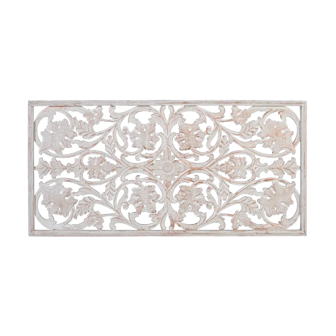 Cabecero Kiria tallado estilo étnico en MDF blanco envejecido con reflejos dorados 165x3.5x80cm - Giner y Colomer - 17323GYC - foto-transparente